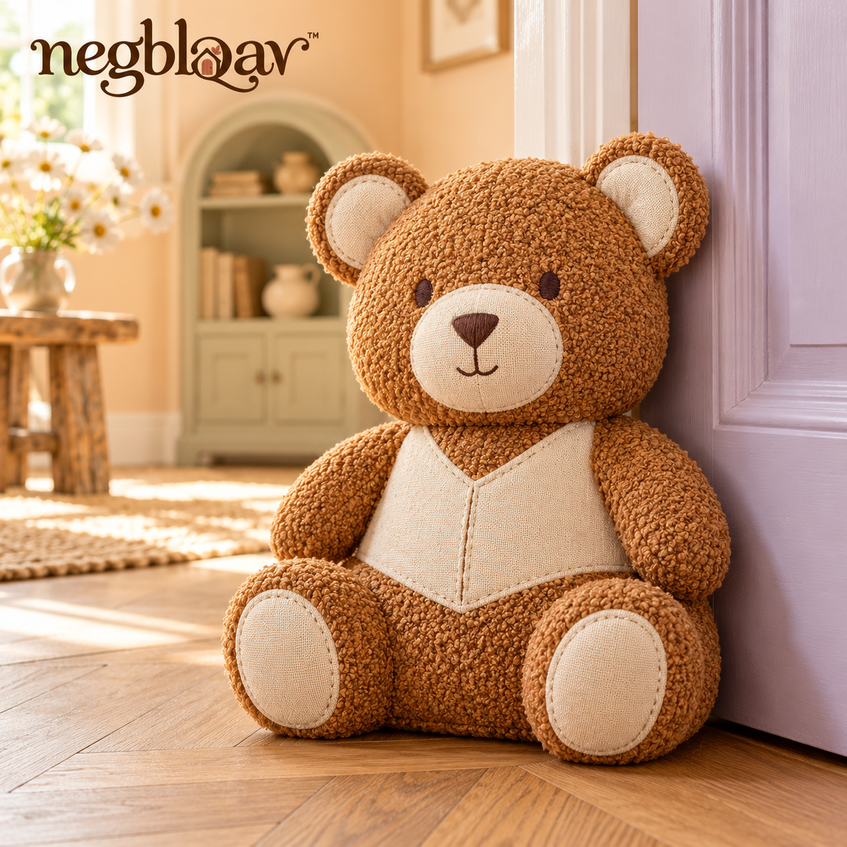 negblqav™ Honey Bear Weighted Door Stopper — Bouclé Fabric Bear Doorstop, Decorative Door Holder for Cottage and Farmhouse Interiors