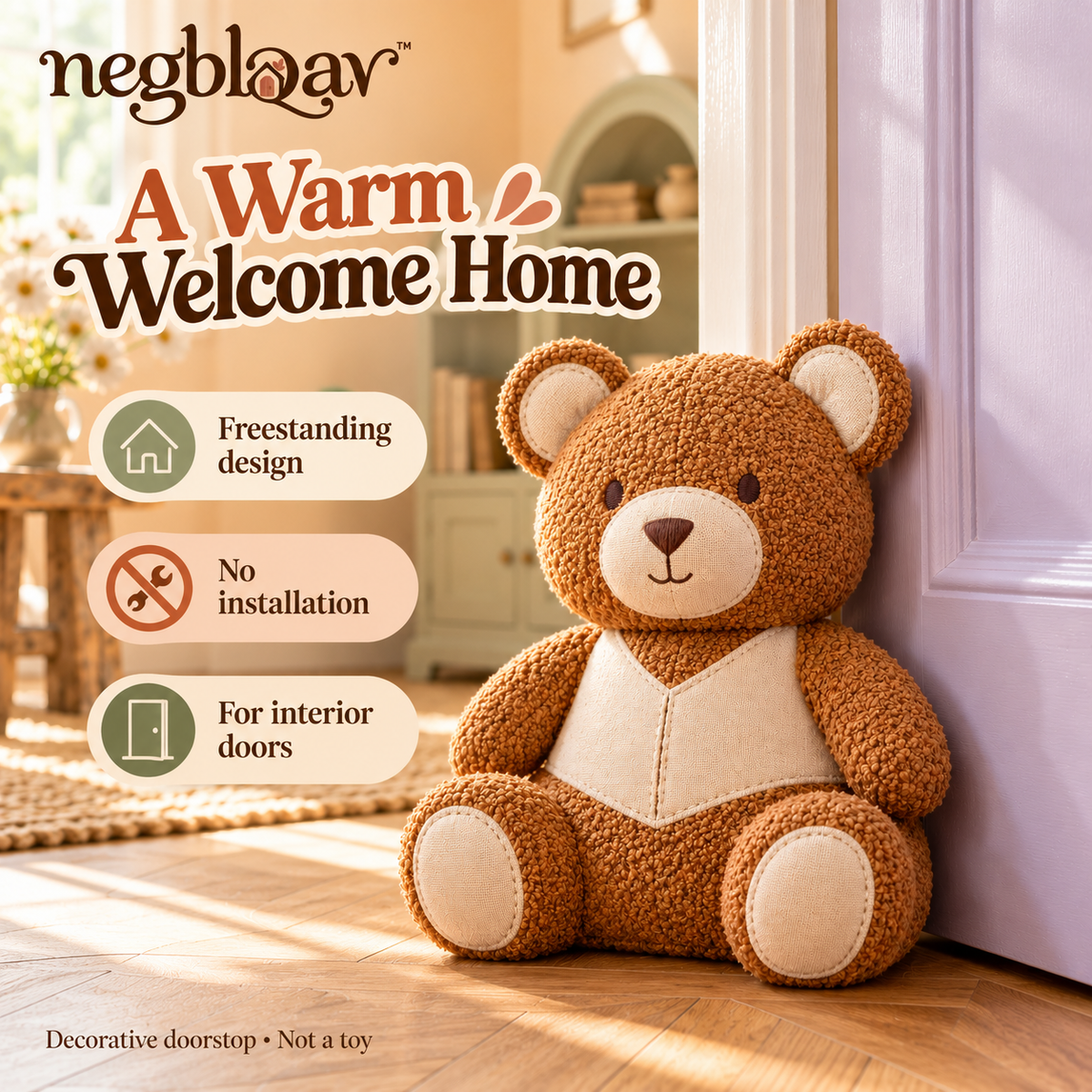 negblqav™ Honey Bear Weighted Door Stopper — Bouclé Fabric Bear Doorstop, Decorative Door Holder for Cottage and Farmhouse Interiors