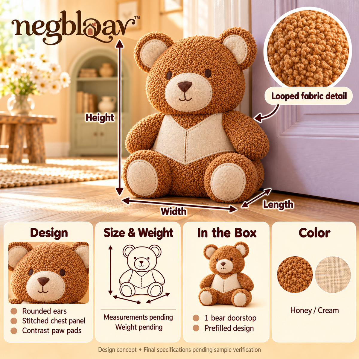 negblqav™ Honey Bear Weighted Door Stopper — Bouclé Fabric Bear Doorstop, Decorative Door Holder for Cottage and Farmhouse Interiors