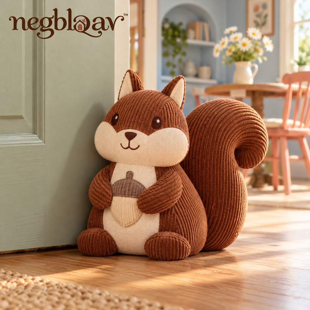 negblqav™ Acorn Squirrel Weighted Door Stopper — Decorative Woodland Animal Doorstop, Fabric Interior Door Weight with Curled Tail