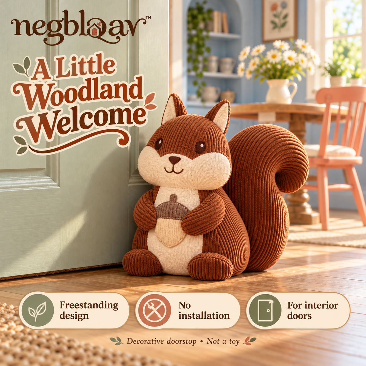 negblqav™ Acorn Squirrel Weighted Door Stopper — Decorative Woodland Animal Doorstop, Fabric Interior Door Weight with Curled Tail
