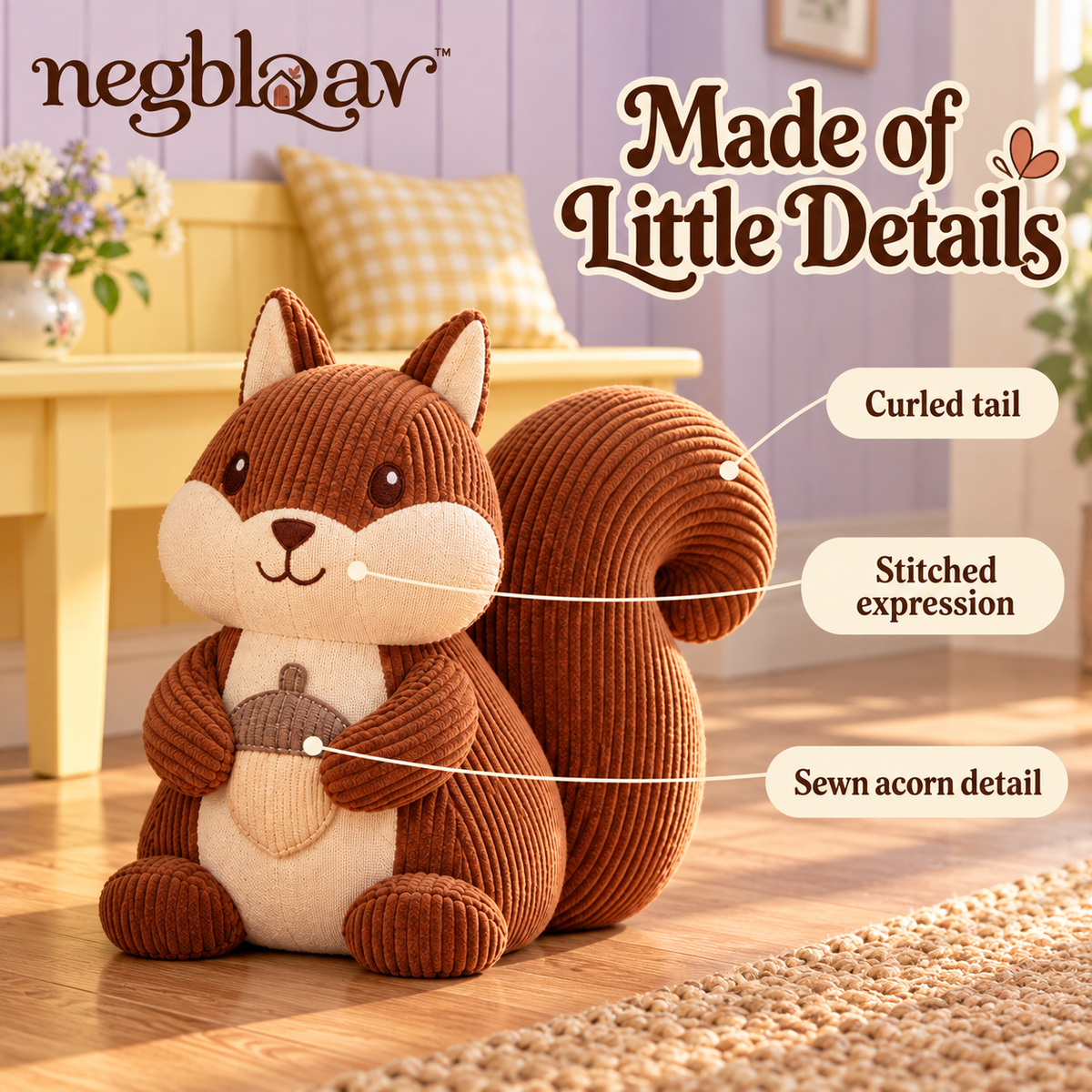 negblqav™ Acorn Squirrel Weighted Door Stopper — Decorative Woodland Animal Doorstop, Fabric Interior Door Weight with Curled Tail