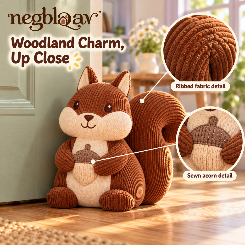 negblqav™ Acorn Squirrel Weighted Door Stopper — Decorative Woodland Animal Doorstop, Fabric Interior Door Weight with Curled Tail