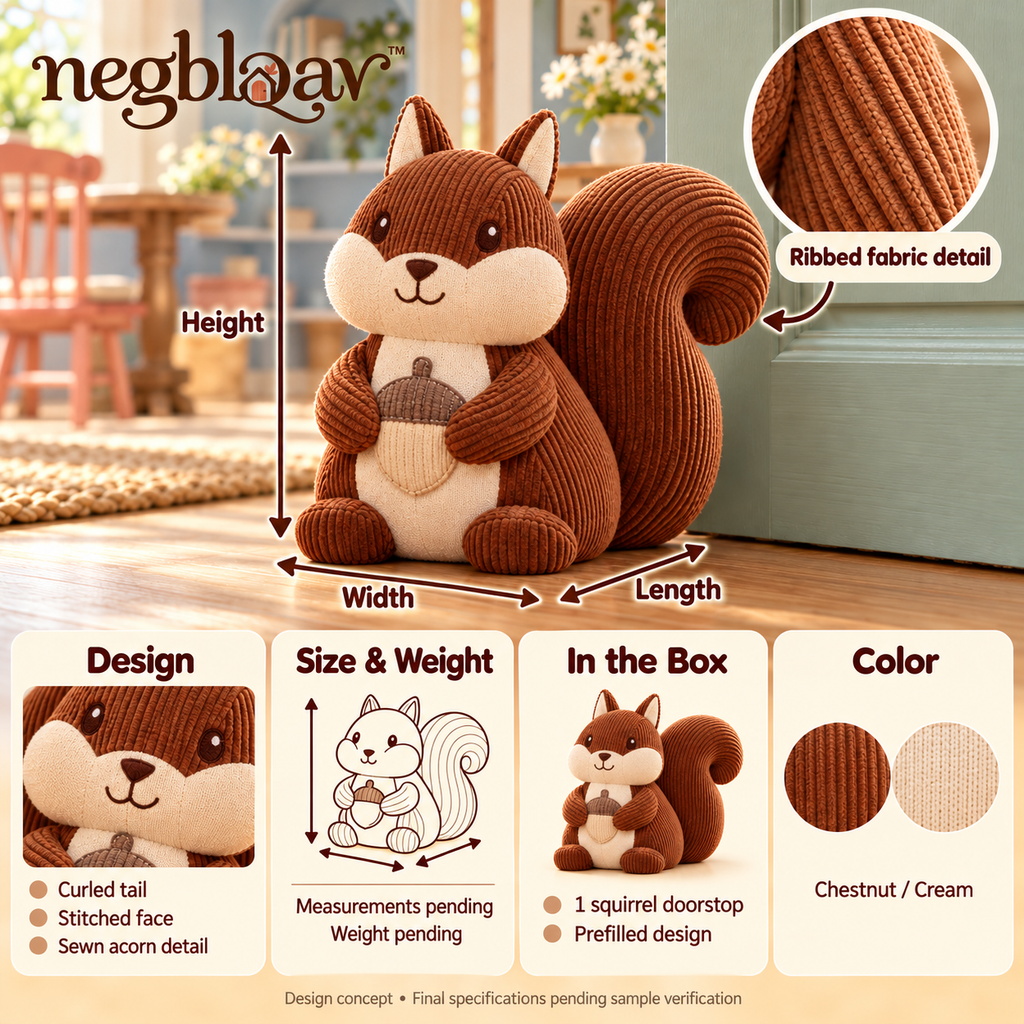 negblqav™ Acorn Squirrel Weighted Door Stopper — Decorative Woodland Animal Doorstop, Fabric Interior Door Weight with Curled Tail