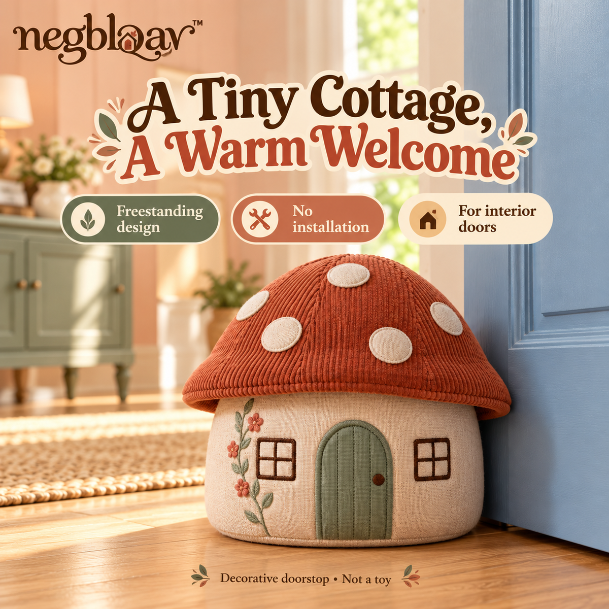 negblqav™ Toadstool Cottage Weighted Door Stopper — Mushroom House Fabric Doorstop, Whimsical Cottagecore Decor for Interior Doors