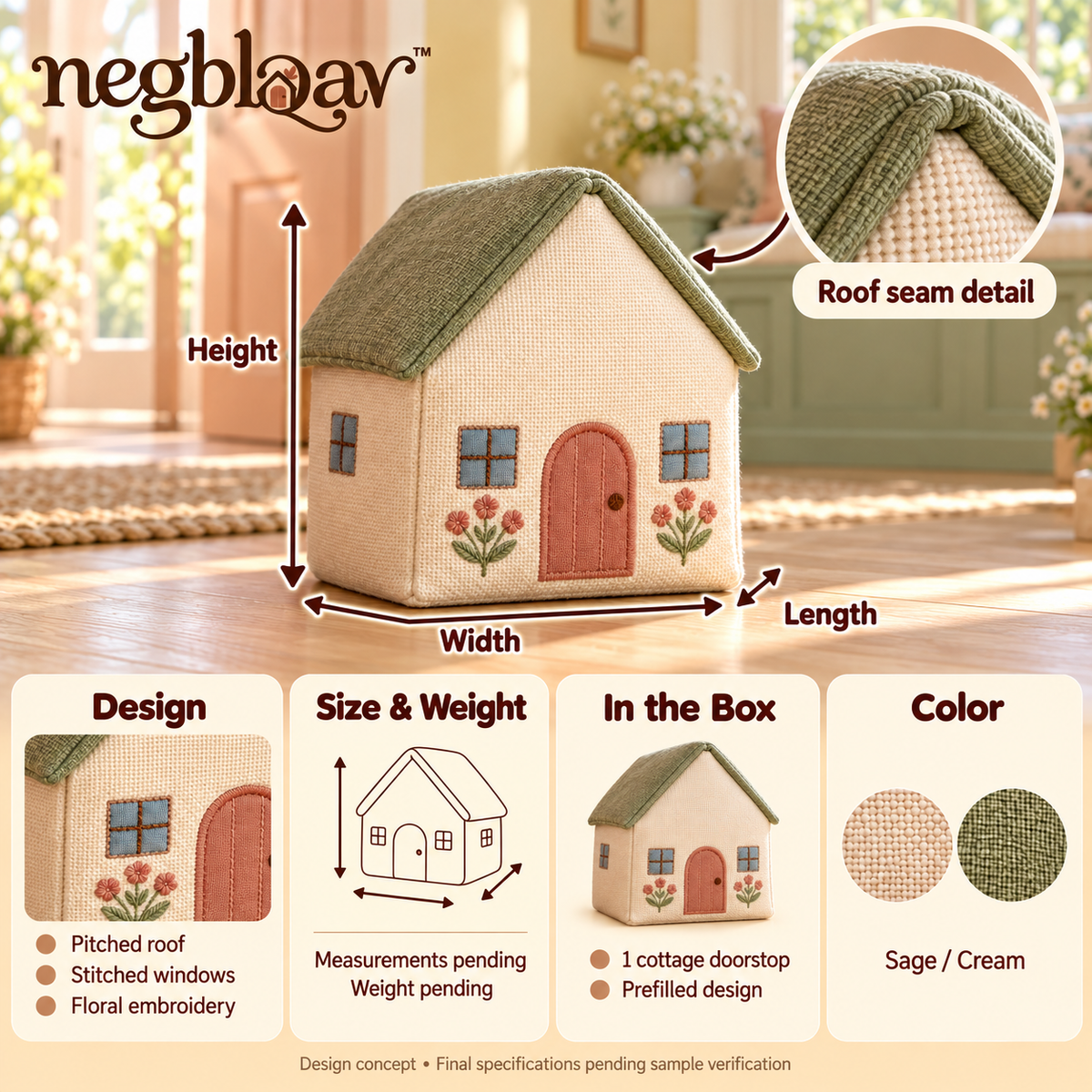 negblqav™ Willow Cottage Weighted Door Stopper — Fabric House Doorstop with Floral Embroidery, Decorative Interior Door Holder