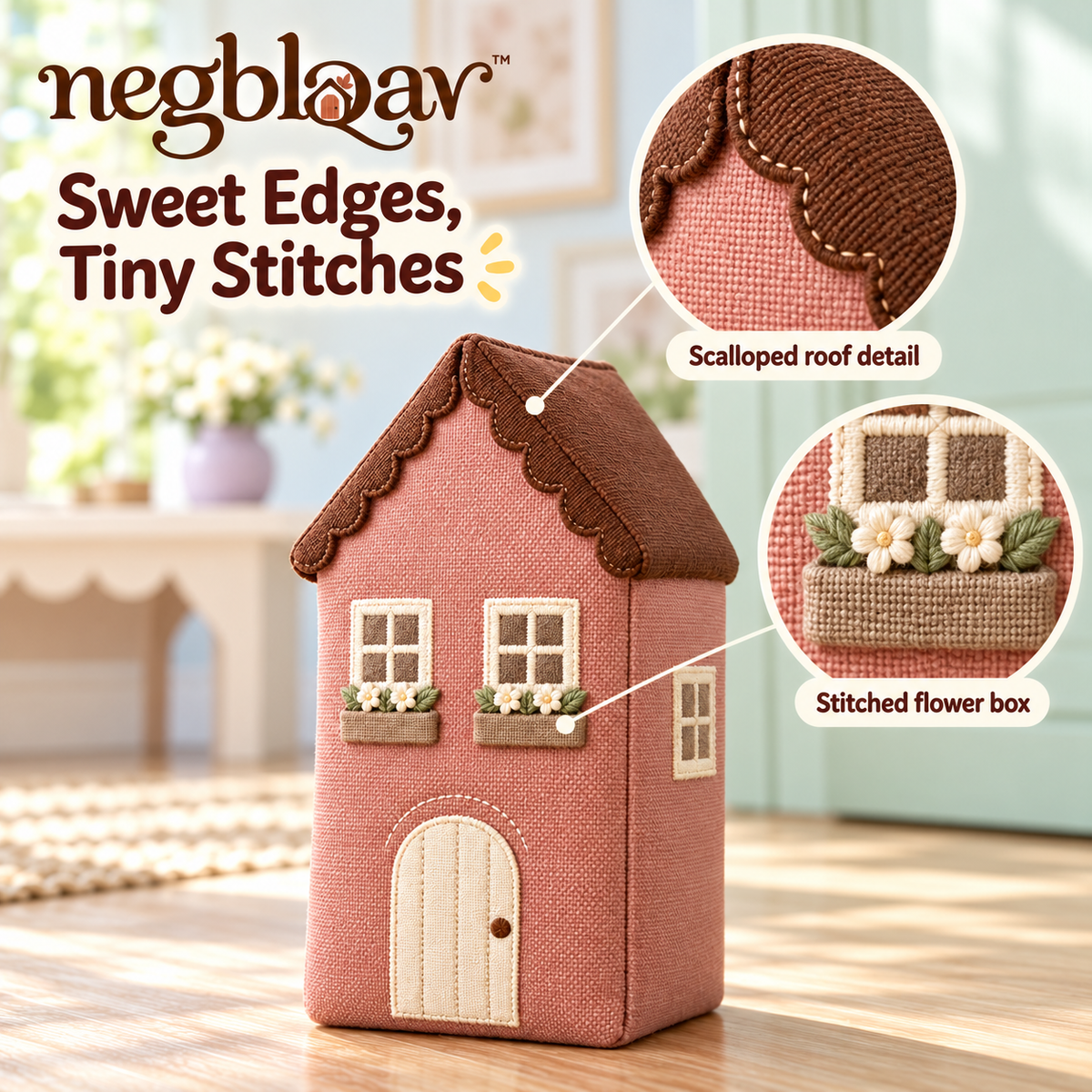 negblqav™ Rosewood Townhouse Weighted Door Stopper — Tall Fabric Cottage Doorstop, Decorative House Door Holder with Scalloped Roof