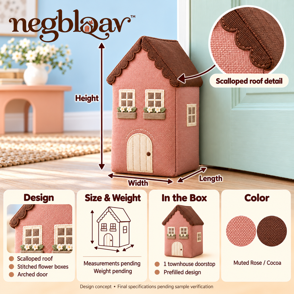 negblqav™ Rosewood Townhouse Weighted Door Stopper — Tall Fabric Cottage Doorstop, Decorative House Door Holder with Scalloped Roof