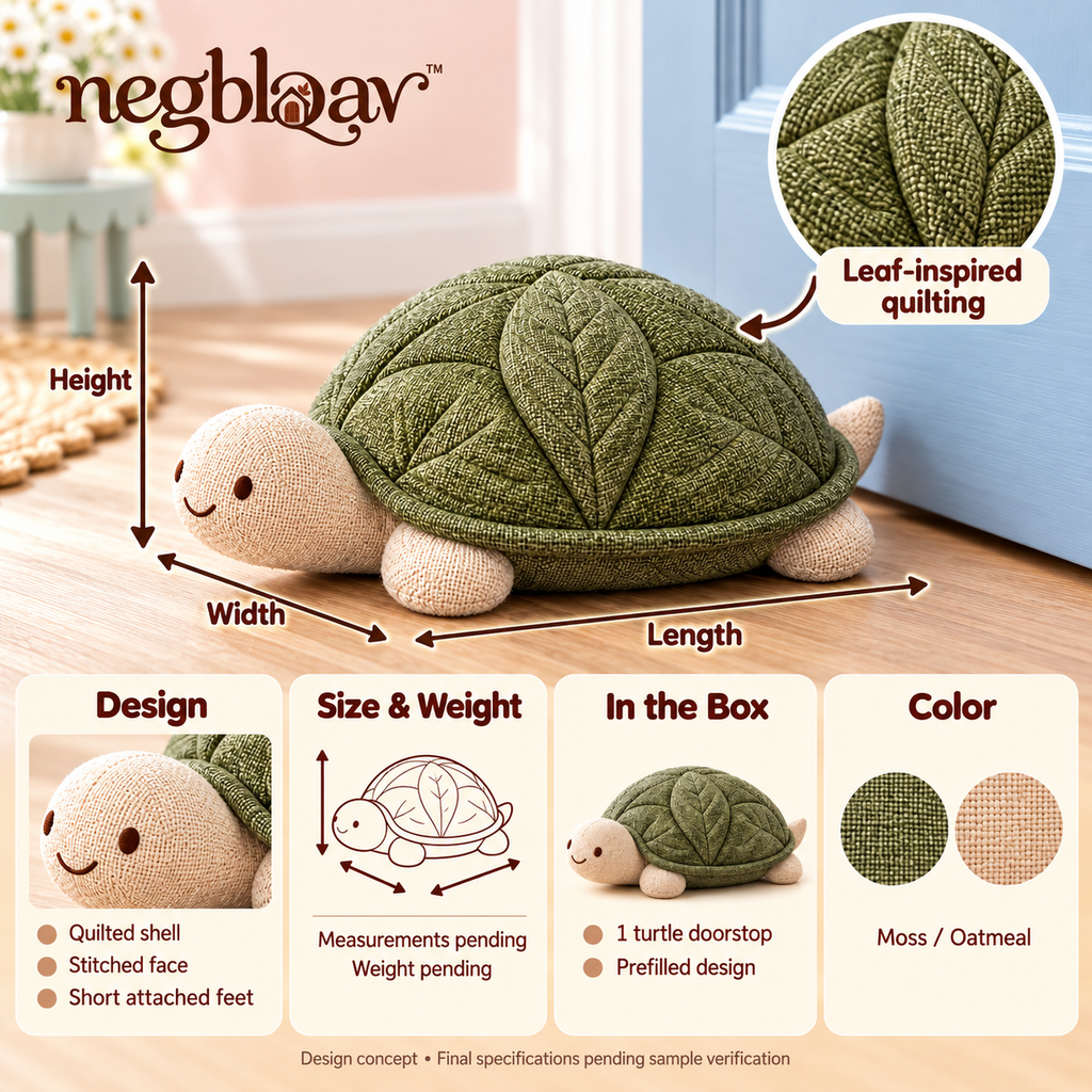 negblqav™ Fern Turtle Weighted Door Stopper — Quilted Fabric Animal Doorstop, Decorative Interior Door Weight for Cottage Home Decor
