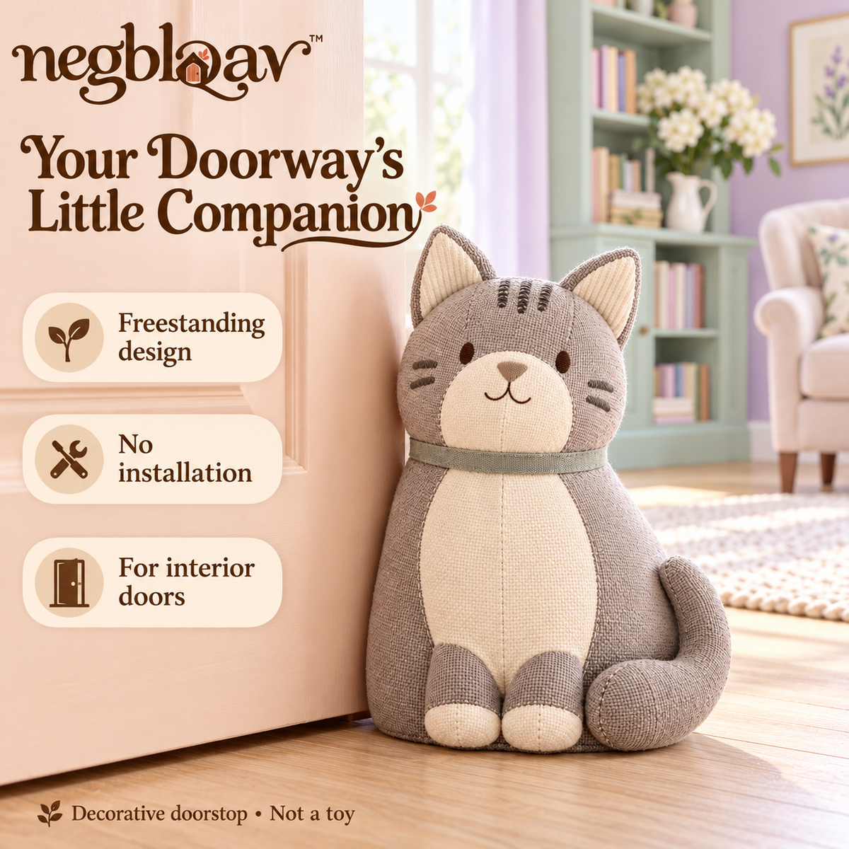 negblqav™ Pippin Tabby Cat Weighted Door Stopper — Decorative Fabric Cat Doorstop, Cozy Interior Door Holder with Embroidered Stripes