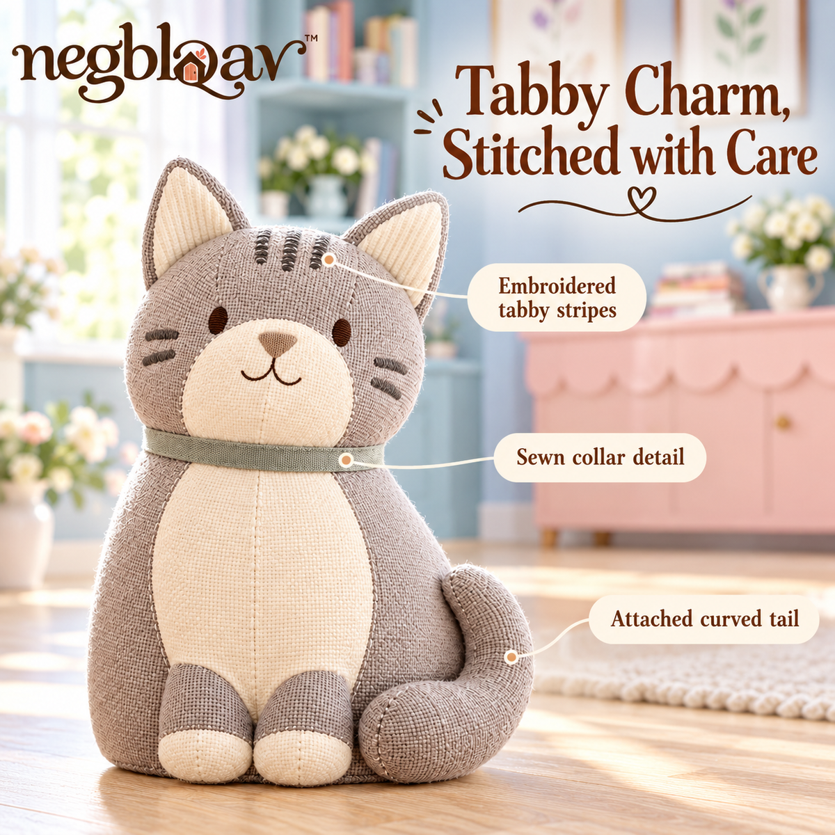 negblqav™ Pippin Tabby Cat Weighted Door Stopper — Decorative Fabric Cat Doorstop, Cozy Interior Door Holder with Embroidered Stripes