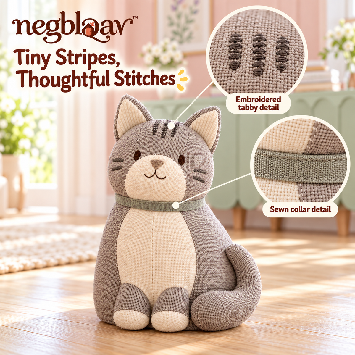 negblqav™ Pippin Tabby Cat Weighted Door Stopper — Decorative Fabric Cat Doorstop, Cozy Interior Door Holder with Embroidered Stripes