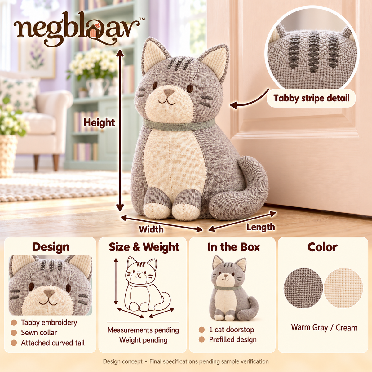 negblqav™ Pippin Tabby Cat Weighted Door Stopper — Decorative Fabric Cat Doorstop, Cozy Interior Door Holder with Embroidered Stripes