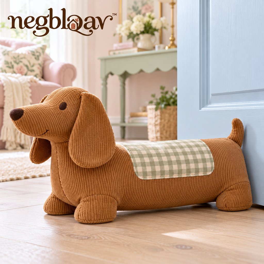 negblqav™ Biscuit Dachshund Weighted Door Stopper — Long Dog Fabric Doorstop, Decorative Interior Door Holder with Gingham Details