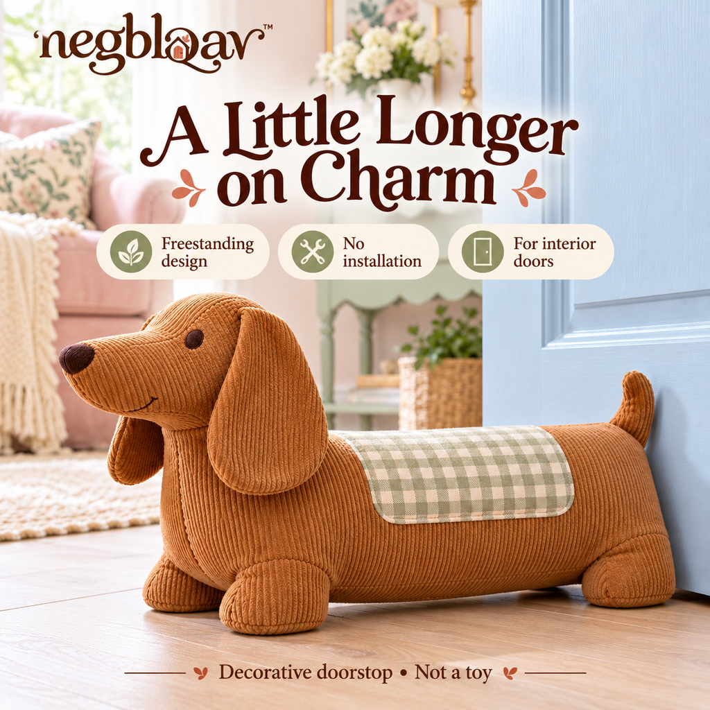 negblqav™ Biscuit Dachshund Weighted Door Stopper — Long Dog Fabric Doorstop, Decorative Interior Door Holder with Gingham Details