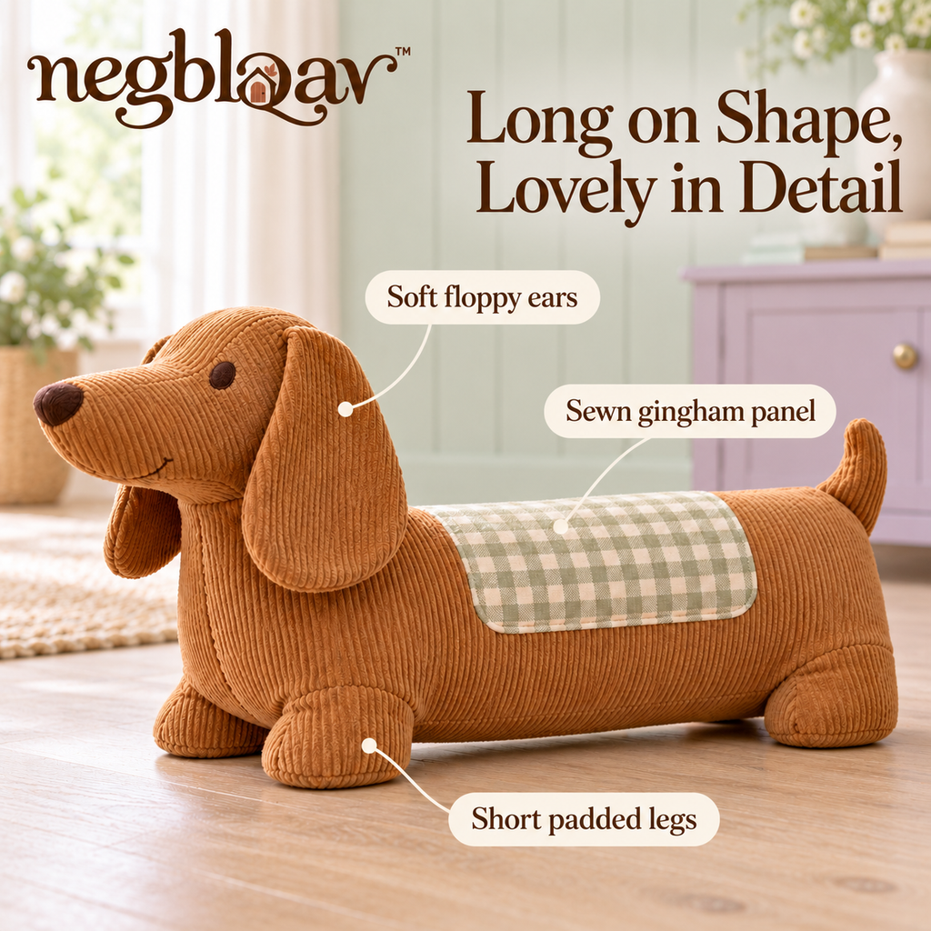 negblqav™ Biscuit Dachshund Weighted Door Stopper — Long Dog Fabric Doorstop, Decorative Interior Door Holder with Gingham Details