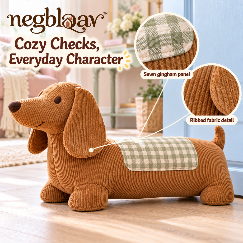 negblqav™ Biscuit Dachshund Weighted Door Stopper — Long Dog Fabric Doorstop, Decorative Interior Door Holder with Gingham Details