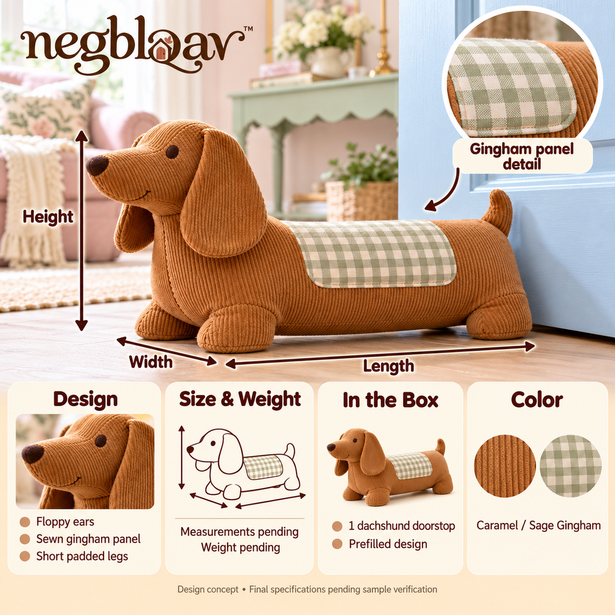 negblqav™ Biscuit Dachshund Weighted Door Stopper — Long Dog Fabric Doorstop, Decorative Interior Door Holder with Gingham Details